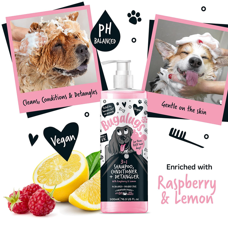 BUGALUGS 3-in-1 Dog Shampoo, Conditioner & Detangler – Raspberry & Lemon Scented Grooming for Smelly Dogs, Puppy Coat Care, Pet Accessories (500ml) (BSDTCDE500) Shampoo 500ml