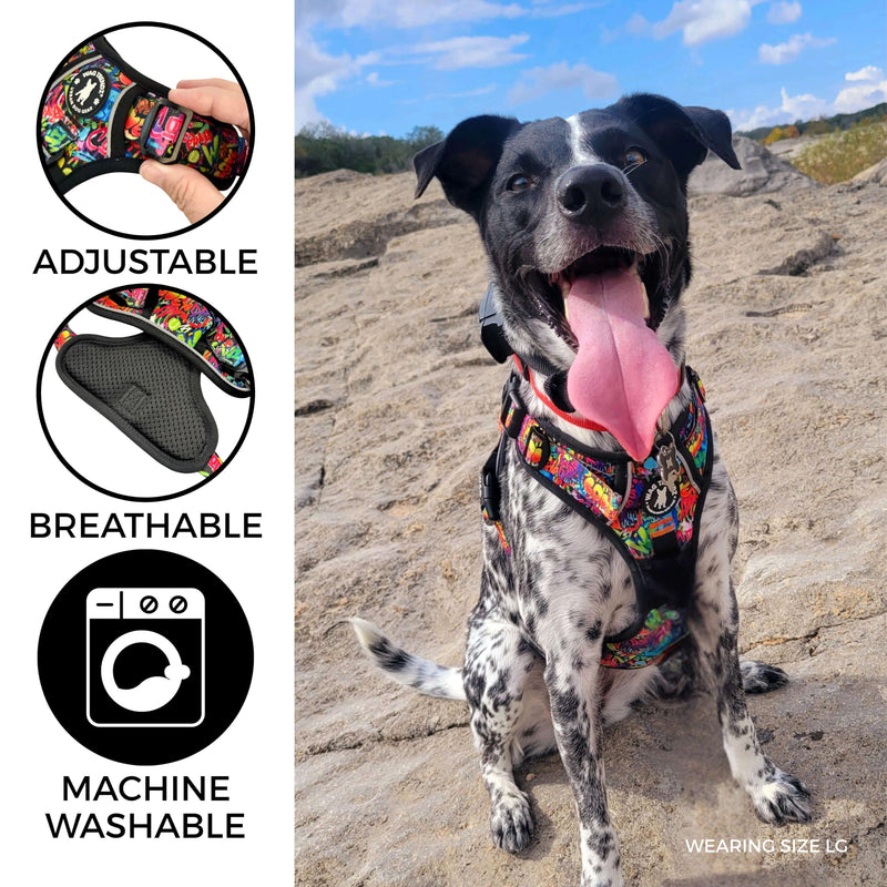 WAG TRENDZ Medium Dog Harness | Dog Harness for Medium Dogs | Front Clip No Pull | Padded Chest Comfort | Breathable Air Mesh | Reflective | Street Graffiti | M - PawsPlanet Australia