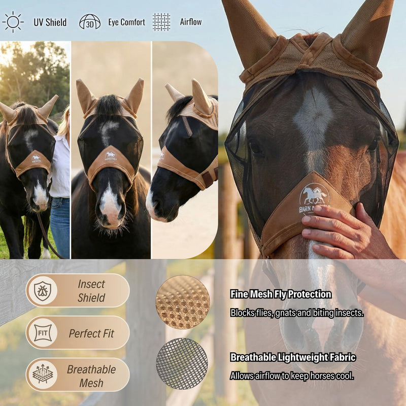 BARN & STABLE Fine Mesh Horse Fly Mask with Ears Lightweight UV Protection Fly Mask for Horses Large 3D Eye Space with Soft Fleece Trim Adjustable Straps Gold