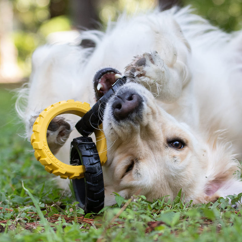 Tonka Rubber 3-Ring Tug Dog Toy, Lightweight, Durable and Water Resistant, 10.5 Inches, for Medium/Large Breeds, Single Unit, Yellow/Black 10.5 inch Rubber Flex Tread