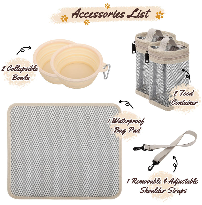 Modoker Dog Travel Bag Organizer for Supplies with 2 Food Containers, 2 Collapsible Bowls & Feeding Mat, Airline Approved Dog Travel Accessories Duffel Bag for Weekend Trips, Camping & Beach, Beige Beige-7.6L - PawsPlanet Australia