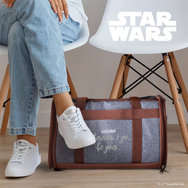 Star Wars for Pets The Mandalorian Soft Pet Carrier “Wherever I go, he goes” Gray & Brown | for Pets 15 x 9 x 9 Dog Travel Bag| Luggage Carrier for Dogs, Fits Under Plane Seat (FF19733) Mandalorian Carrier 15.0"L x 9.0"W x 9.0"H - PawsPlanet Australia