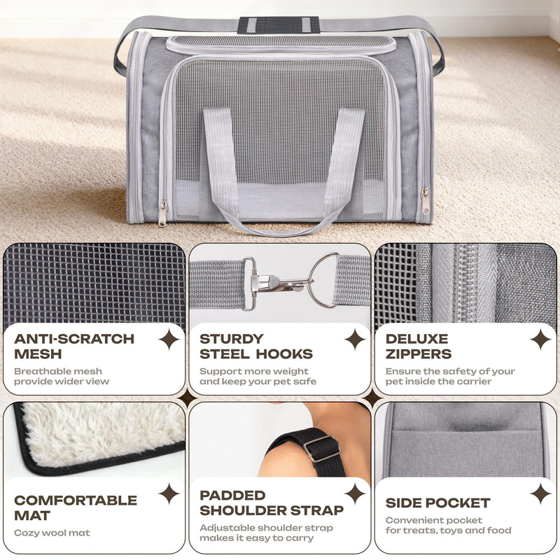 Airline Approved Medium Pet Carrier for Cats & Dogs – Foldable Dog Bag with Soft Mat, Breathable Mesh Windows, Travel-Ready Cat Carrier (Up to 15 lbs, Grey) - PawsPlanet Australia