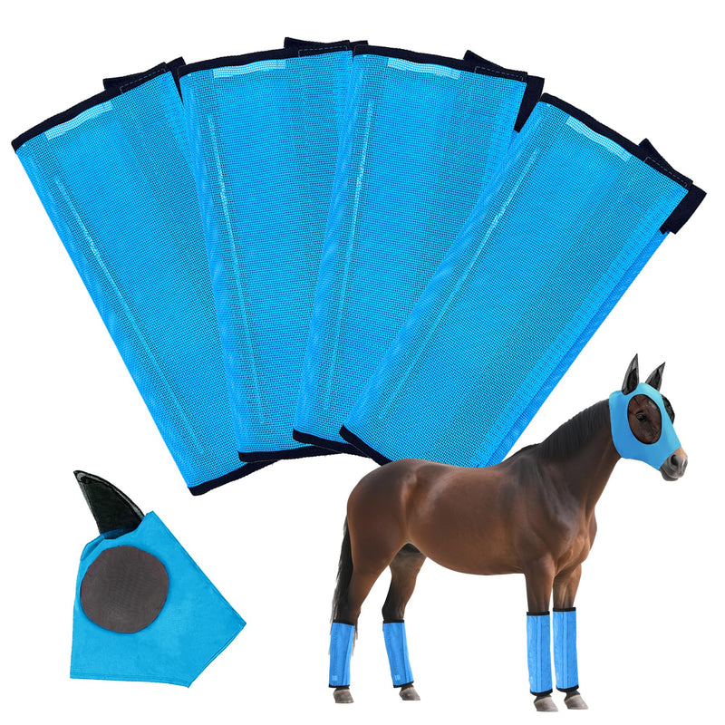 Horse Fly Boots & Horse Fly Mask Set of 5, Mesh Ventilated Fly Boots for Horses, Adjustable and Universal Fit for 4 Legs, Comfort Fly Masks for Horses, Stomp-Reducing (Blue)