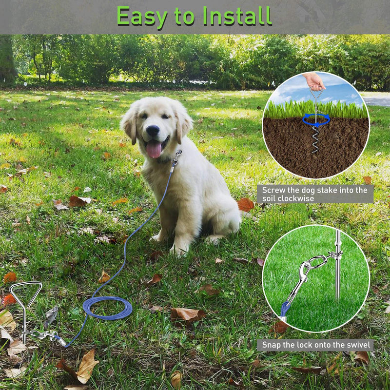 Evilplan Dog Tie Out Cable and Stake, 20ft Outside Dog Leash&Chain for Camping and Yard, 16'' Heavy Duty Anti Rust Spiral Stake for Medium-Large Dogs Up to 125 lbs (20FT, Blue) - PawsPlanet Australia