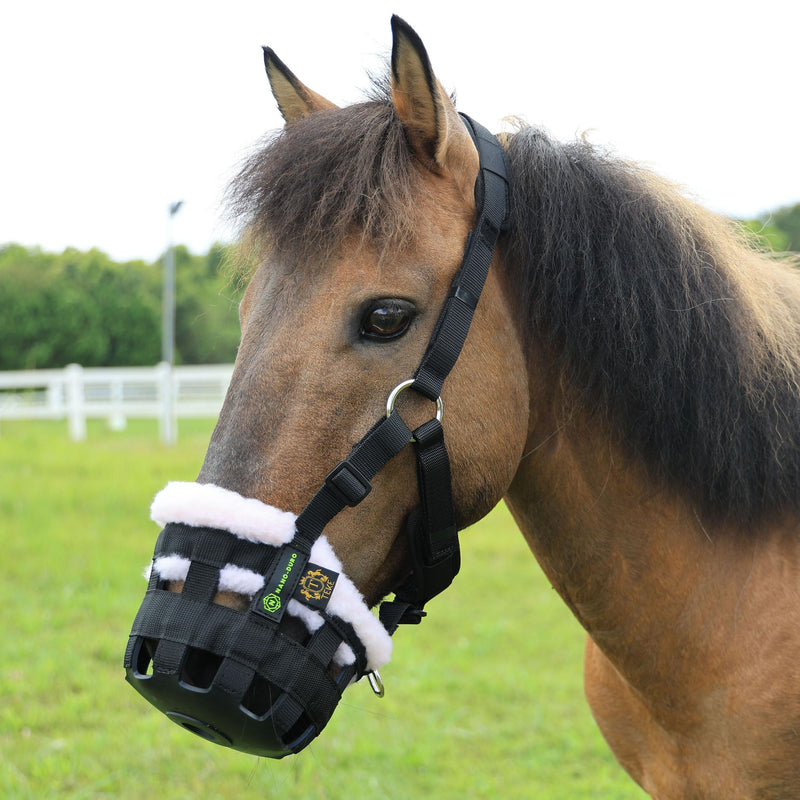 T TEKE Nano-Duro II Deluxe Horse Grazing Muzzle with Fleece Fur Lining, Full Adjustable Neoprene Cushion Halter Black COB