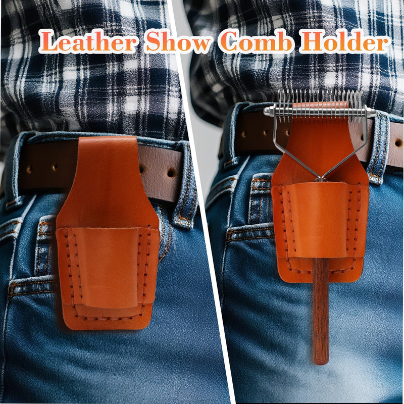 2-Sided Horse Comb Mane Deshedding Tool Goats Cow Brush for Grooming,Horse Brush Set with Leather Show Comb Holder,40 Stainless Blades and Wood Handle,Livestock,Pet - PawsPlanet Australia