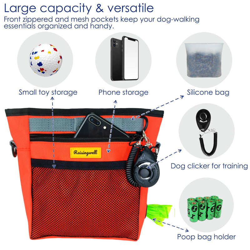 Dog Treat Pouch with Magnetic Closure 4-Cup Silicone Bag Fanny Pack Holder with Clicker 4 Ways to Wear Front Pocket Fits All Phones Ideal for Leash, Pet Walking and Training（Orange） 4CUP J.Orange - PawsPlanet Australia