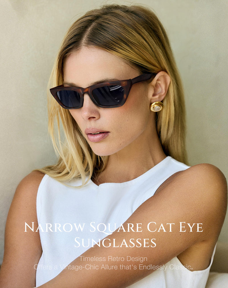 Narrow Square Cat Eye Sunglasses for Women | Retro Vintage-Chic UV400 Driving shades Brown Tortoise Frame/Grey Lens Standard - PawsPlanet Australia