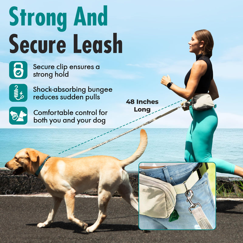 Hands Free Dog Leash with Dog Treat Pouch - Stylish & Trendy Waist Leash for Dog Walking - Wear Around The Waist or Crossbody - Durable & Detachable - Shock Absorbing - Waste Bag Dispenser Ivory - PawsPlanet Australia