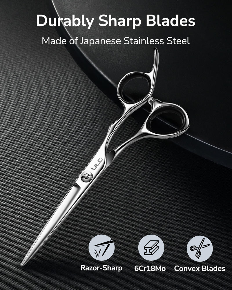 ULG Professional Hair Cutting Scissors 6.5 Inch – Japanese Stainless Steel Barber Shears for Salon & Home Haircut, Ergonomic Offset Handles with Silencer, Hand-Honed Sharp Blades, Silver - PawsPlanet Australia