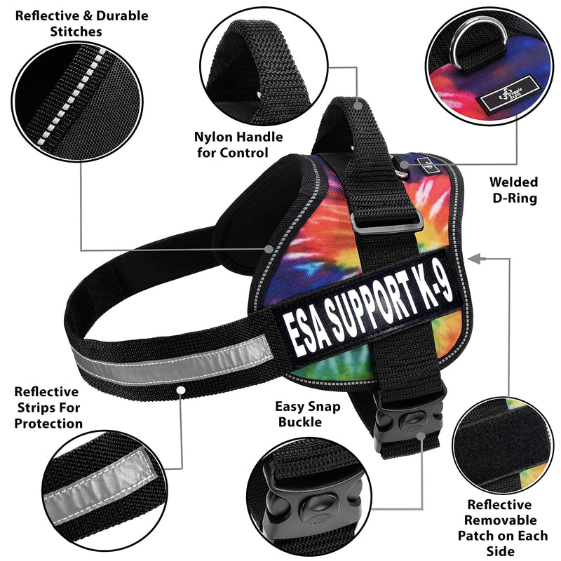 Emotional Support Dog Vest Nylon no-Pull Comes with 2 Reflective ESA Support K9 Interchangeable Patches. Fully Adjustable Reflective Straps with top Handle. XXS-XXL (Girth 19-25", Tie Dye) Girth 19-25" - PawsPlanet Australia