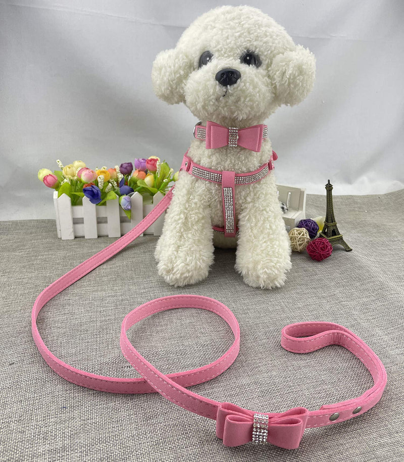 Bowtie Dog Collar & Harness & Lead Sets Comfortable Soft Puppy Collar Diamante with Harness and Leashes Set for Dog - Pink - S - PawsPlanet Australia