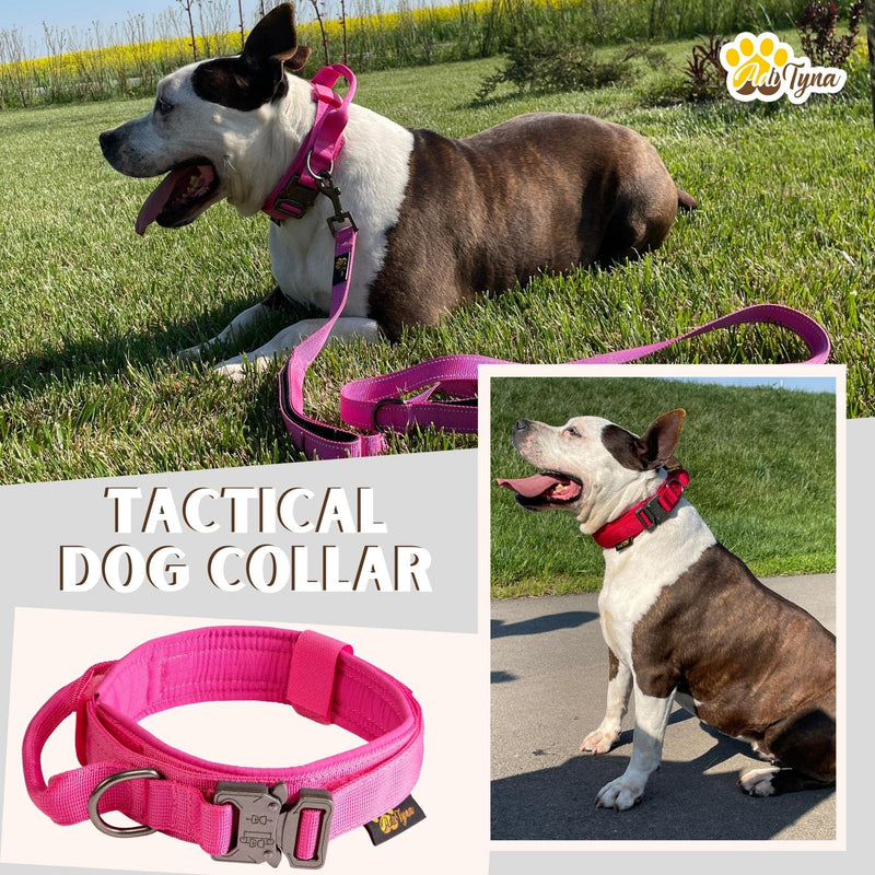 ADITYNA Premium Dog Collar with Metal Buckle - Tactical Dog Collar - Soft Padded, Heavy Duty, Adjustable Dog Collar with Handle for Training and Walking L Pink - PawsPlanet Australia