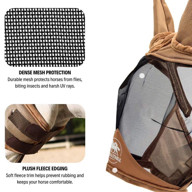BARN & STABLE Fine Mesh Horse Fly Mask with Ears Lightweight UV Protection Fly Mask for Horses Large 3D Eye Space with Soft Fleece Trim Adjustable Straps Gold