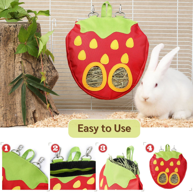 JanYoo Rabbit Hay Feeder Bag for Cage Guinea Pig Timothy Hay Dispenser Storage Manger Hanging Large Less Waste for Bunny A-Strawberry Pack of 1 - PawsPlanet Australia