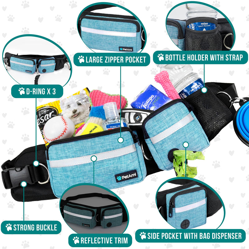 PetAmi Hands Free Dog Leash, Dog Running Leash Belt Bag for Walking, Jogging, Dog Waist Double Zipper Pouch with Poop Bag Dispenser, Dual Padded Handles Reflective Bungee Leash, Double (Turquoise) 2 Leashes Turquoise - PawsPlanet Australia