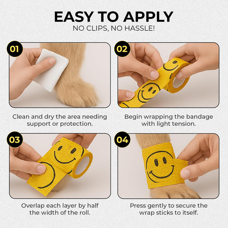 JorVet 4" x 10 Yards Cohesive Bandages | Fun Self-Adhesive Wrap for Animal Wound | Easy Tear, No Scissors Needed | Individually Wrapped Vet Tape, Secure & Flexible | Smiley Face Yellow | Pack of 12 4 Inch
