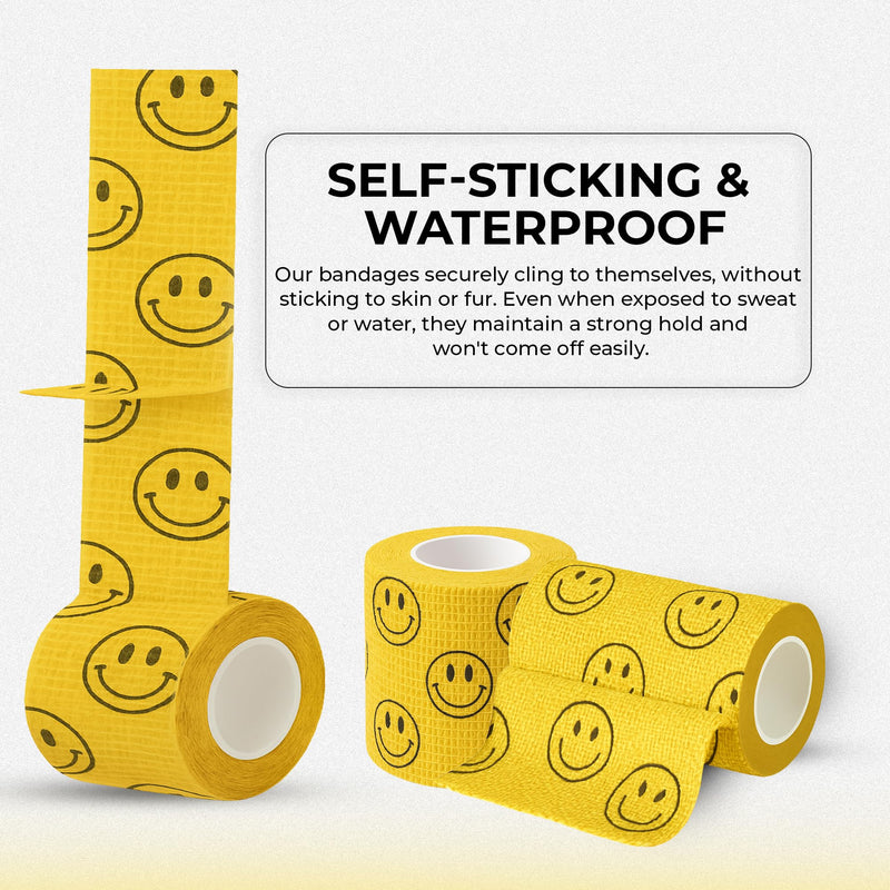 JorVet 4" x 10 Yards Cohesive Bandages | Fun Self-Adhesive Wrap for Animal Wound | Easy Tear, No Scissors Needed | Individually Wrapped Vet Tape, Secure & Flexible | Smiley Face Yellow | Pack of 12 4 Inch