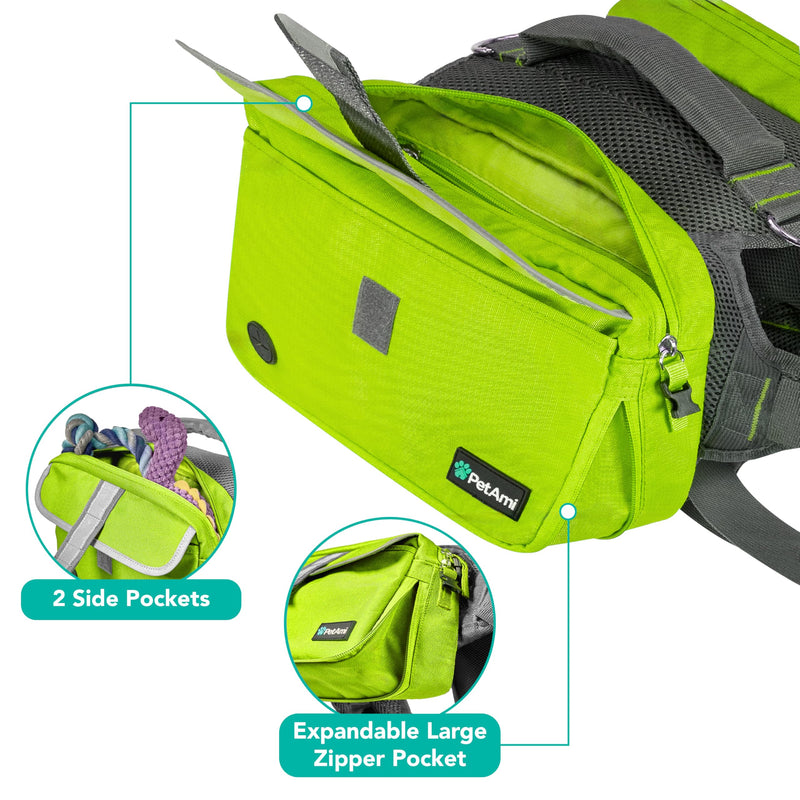 PetAmi Dog Backpack for Medium & Large Dogs, Saddle Bag for Dogs to Wear for Hiking, Pet Backpack Harness Dog Pack with Reflective Side Pockets for Walking Running Green - PawsPlanet Australia