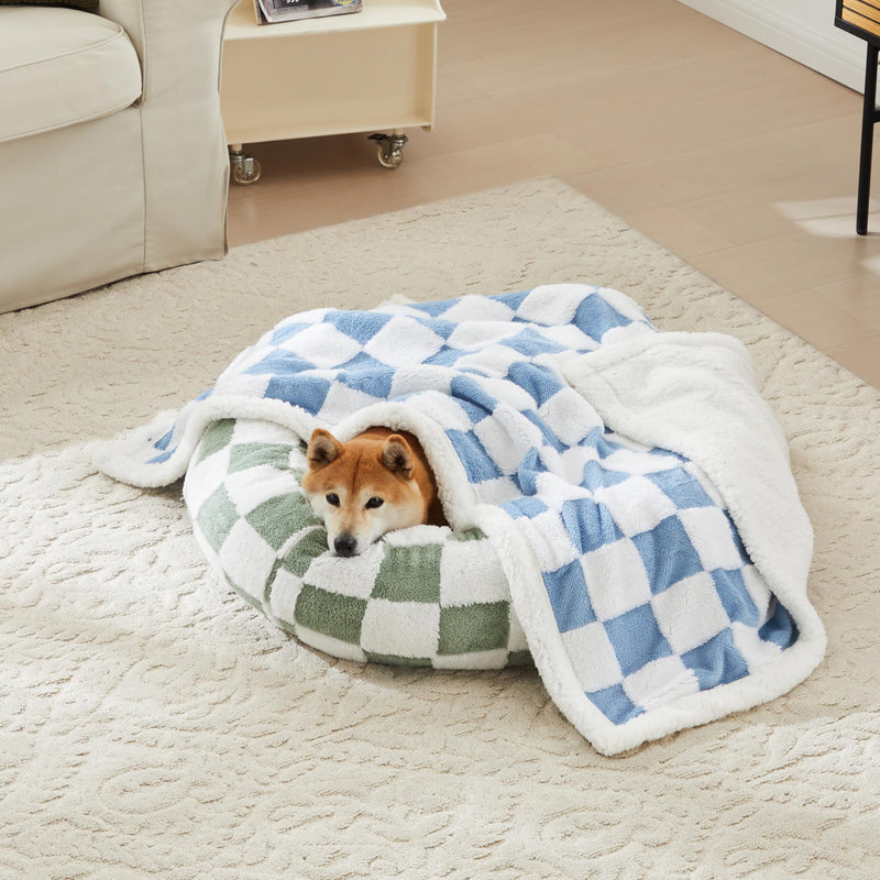 Checkered Dog Blanket, Blue Jacquard Sherpa Blankets for Small Dog and Cats, Cute Aesthetic Style Fluffy Fleece Pets Blanket for Couch Protection Washable, 40"x50" 40"x50" - PawsPlanet Australia