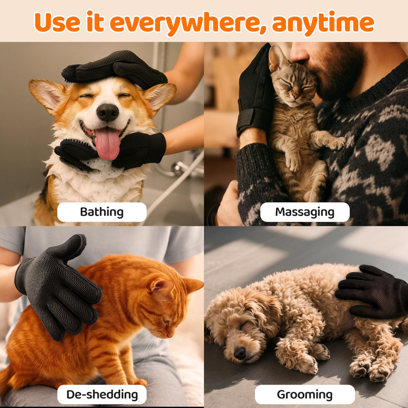 Pet Hair Remover Glove - Cat＆Dog Brush,Gentle Deshedding Efficient - Perfect for Dogs, Cats, Rabbits & Horses with Long/Short/Curly Hair,Includes Sprayer＆Waterless Shampoo(Right Hand, 1 Piece, Black) - PawsPlanet Australia