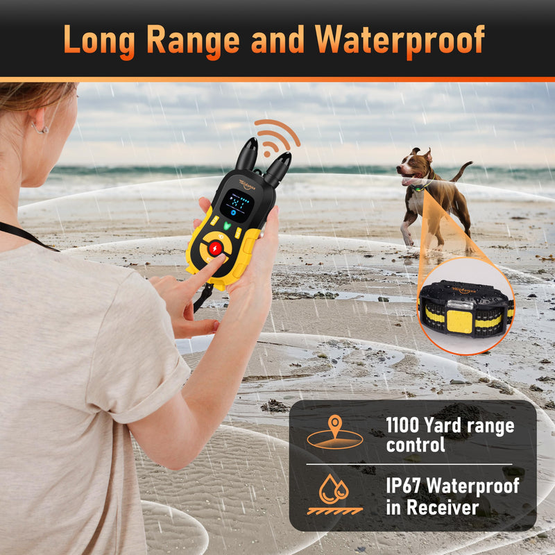 2025 New,Shock Collar for Dogs with 3300FT Remote (15-150lbs), Light for Night Walks, IP67 Waterproof, 124 Training Levels, Rechargeable Dog Training Collar, Dog Shock E-Collar for Large Medium Dogs Yellow - PawsPlanet Australia