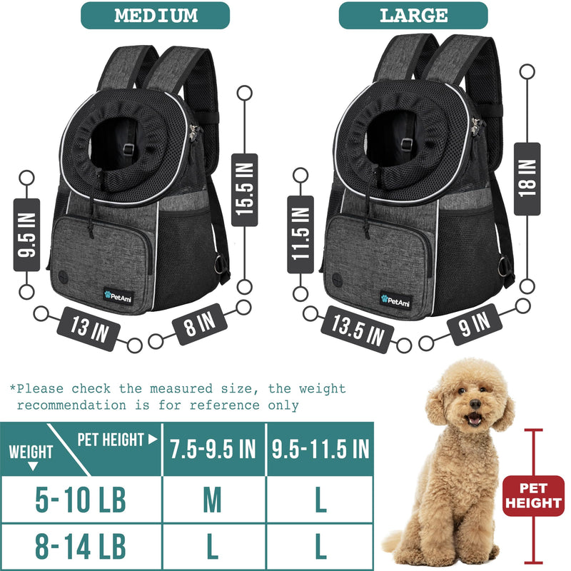 PetAmi Adjustable Dog & Cat Chest Carrier Backpack, Ventilated for Hiking & Camping, Small to Large Pets, Max 10 lbs, Dark Gray Medium (15x8x15.5) - PawsPlanet Australia
