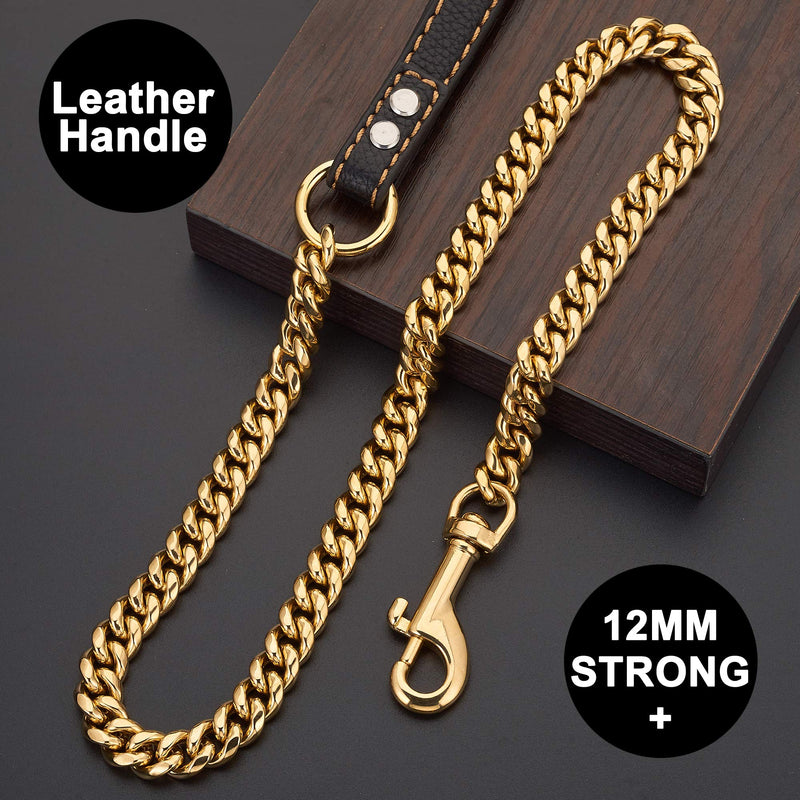 PRADOG Chain Dog Leash Metal Chew Proof 12MM Pet Leash Chain with Leather Padded Handle for Large Medium Small Dogs(Total Length of 5ft) Total Length 5.0 FT - PawsPlanet Australia