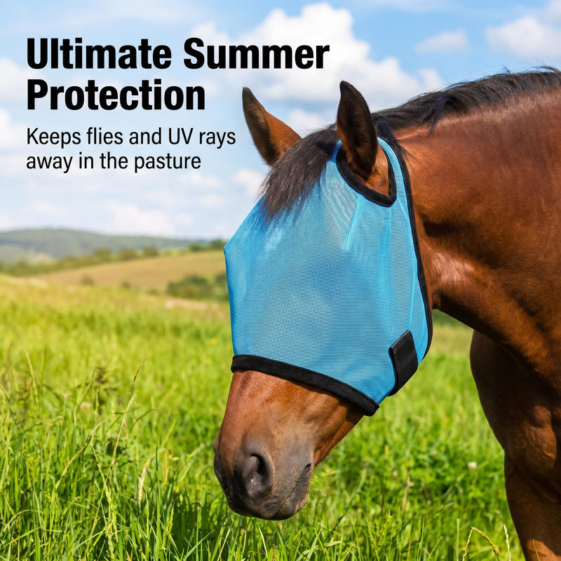 Horse Fly Mask Without Ears, UV Protection Fly Mask for Horses, Breathable Fine Mesh Horse Face Mask for Mosquito & Insect Protection, Adjustable Equine Fly Mask for Summer Riding & Barn Use, Blue