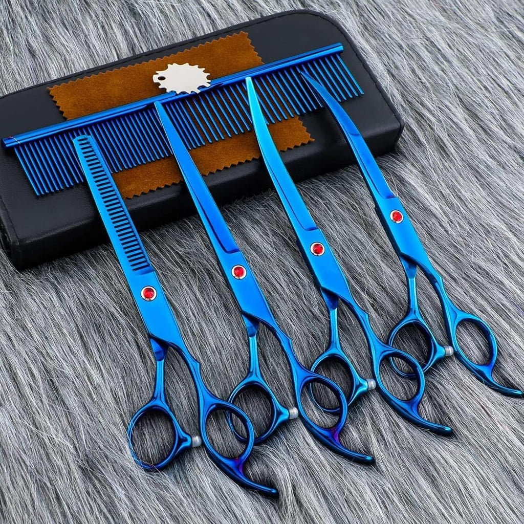 LILYS PET Professional PET Dog Grooming Coated Titanium Scissors Suit Cutting&Curved&Thinning Shears 7.0 inches Blue - PawsPlanet Australia