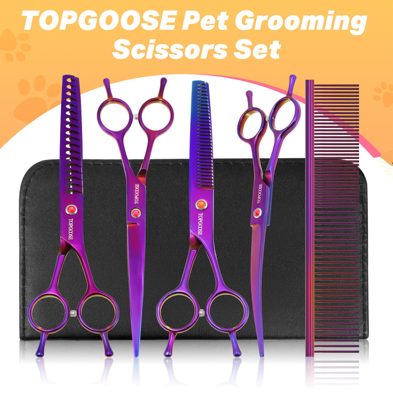 TOPGOOSE Dog Grooming Scissors Kit, Professional 6 in 1 Pet Scissors Sharp Shears Set - Straight, Thinning, Chunker, Curved Shears and Comb for Long Short Hair for Dog Cat (Set, Purple)