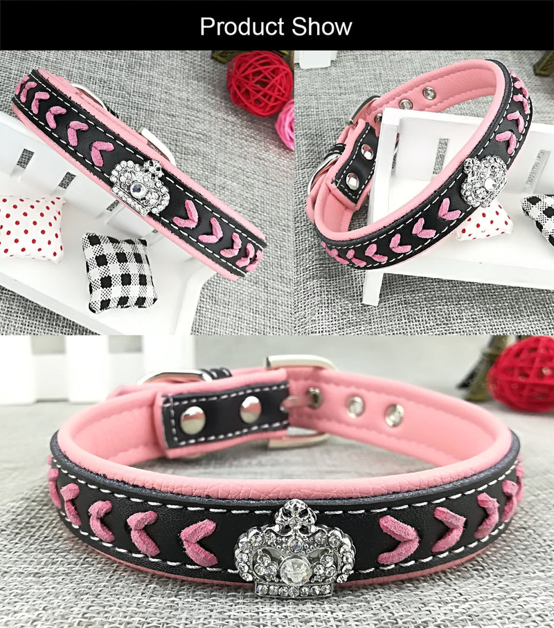 Dog Collar and Lead Set Nylon Straps Woven Bling Collar Leather Diamante Puppy Collar with Leash for Dogs - Pink - S - PawsPlanet Australia