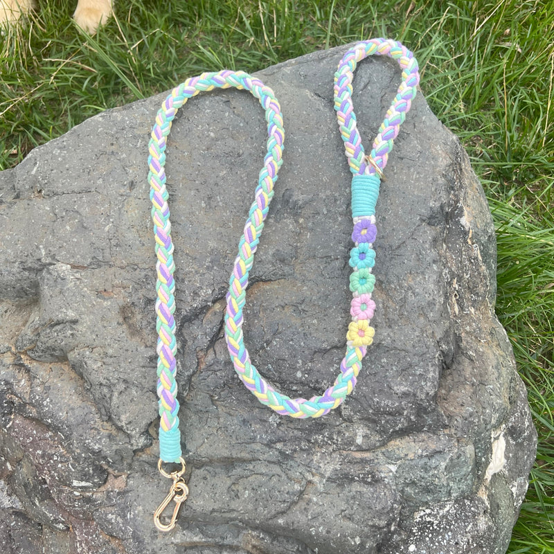 Handmade 5ft Braided Cotton Dog Leash with Unique Floral Handle, Durable and Stylish, Ideal for Small to Large Dogs, Rainbow Color - PawsPlanet Australia