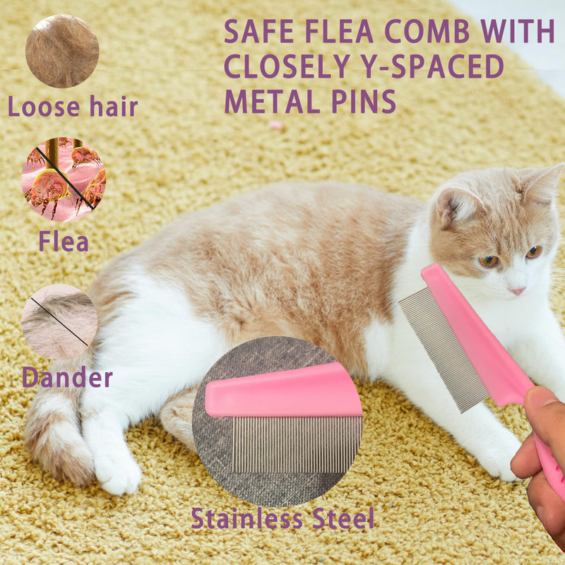 Pet Grooming Kit for Cats and Small Dogs, 6-Piece Brush Set with Flea Comb, Shedding Tools for Long Hair (Pink) Pink - PawsPlanet Australia