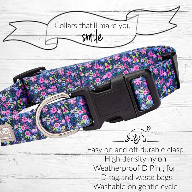 Lucky Love Dog, Matching Dog Collar & Leash Set for Female Dogs, Soft, Adjustable, Safe for Training and Walking, Black & Purple Floral Print, Primrose Combo, X-Small Primrose Collar/Leash Combo X-Small | 7-11"