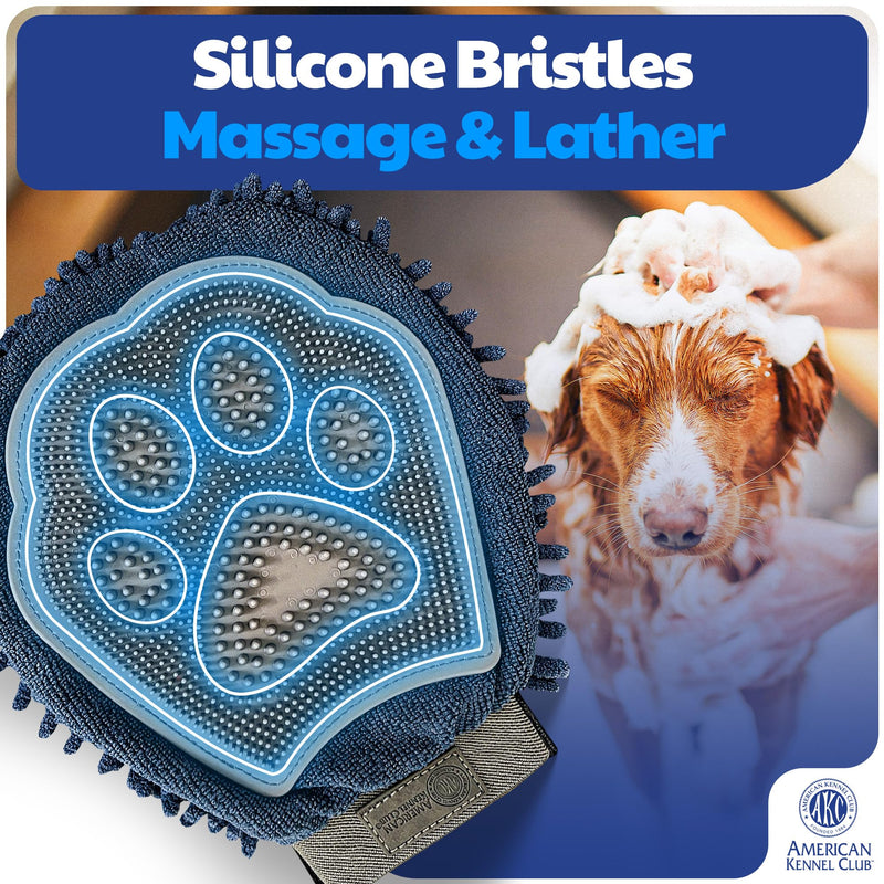 AKC - Dual-Sided Dog Grooming Glove with Silicone Bristles | Quick-Dry Towel | 2-in-1 Pet Grooming Tool for Bathing, Brushing, Shedding, Massaging & Coat Care for Small Medium & Large Dogs