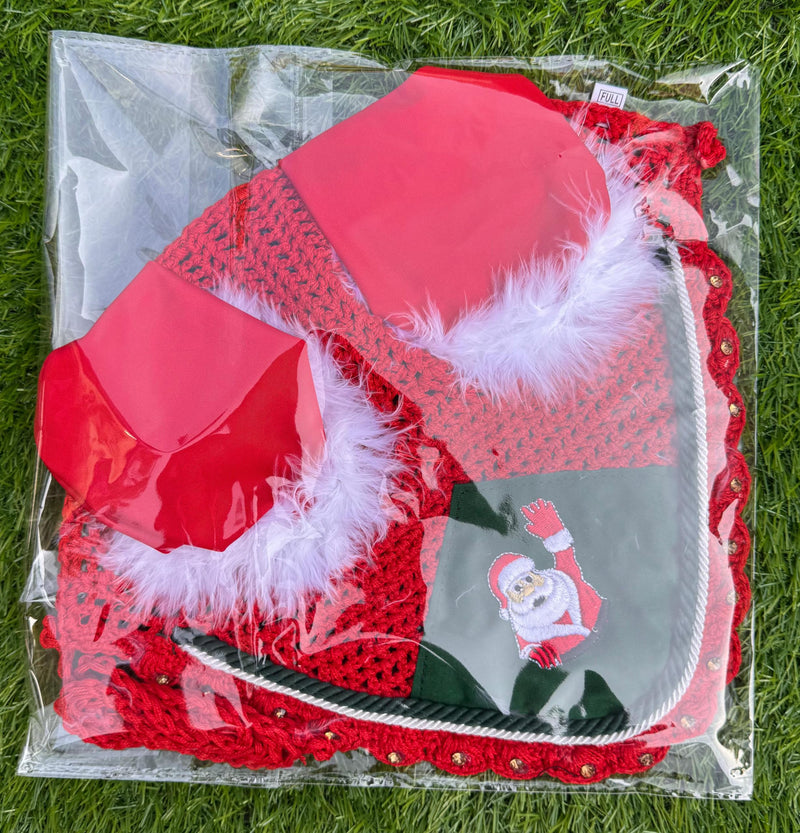 Horse Ear Bonnet Santa Claus Double Hats Fly Hood Ear Net Fly Veil Gift for A Christmas Equestrian Tack Equine (Embroidery, Horse/Full) Embroidery Horse / Full