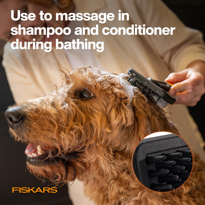 Fiskars Pet Massage Brush, Cat and Dog Brush, Flexible Silicone Bristles & SoftGrip™ Handle for Gentle Deshedding, 6.5”, Orange/Black