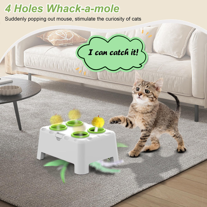 Interactive Cat Toys, 2-in-1 Automatic Cat Toy, 4 Holes Mice Whack A Mole Cat Mouse Toy with Moving Feather, Portable USB Rechargeable Electronic Kitten Toys White - PawsPlanet Australia