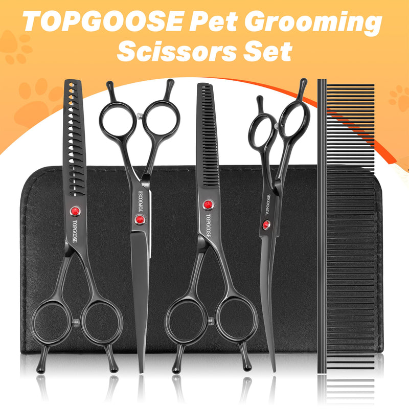 TOPGOOSE Dog Grooming Scissors Kit, Professional 6 in 1 Pet Scissors Sharp Shears Set - Straight, Thinning, Chunker, Curved Shears and Comb for Long Short Hair for Dog Cat (Set, Black) - PawsPlanet Australia