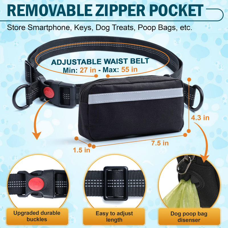 Hands Free Dog Leash for 2 Dogs – Waist Leash for Dog Walking with Dual Bungee, Reflective No Pull Design, Adjustable Belt & Pouch for Running, Hiking, Jogging Black 2 Leash