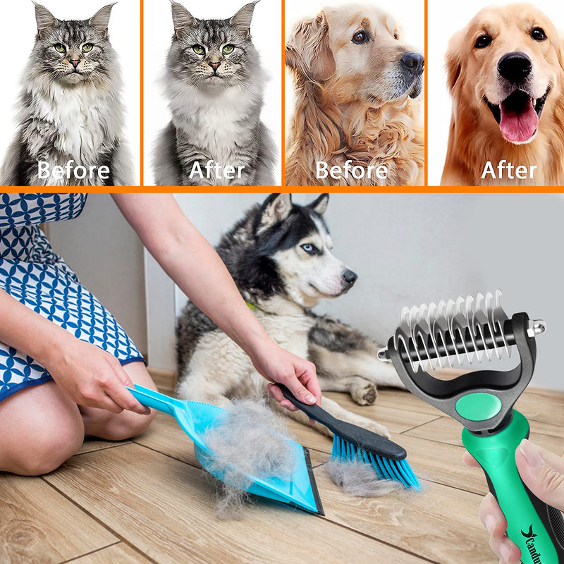 Candure Dematting Comb for Dog and Cat, Pet Grooming Rake and Brushes for Small & Medium Dogs 11+6 Double Sided Blade Deshedding Tool Removes Knots, Undercoat, Mats and Tangled Hair (Green) Green - PawsPlanet Australia