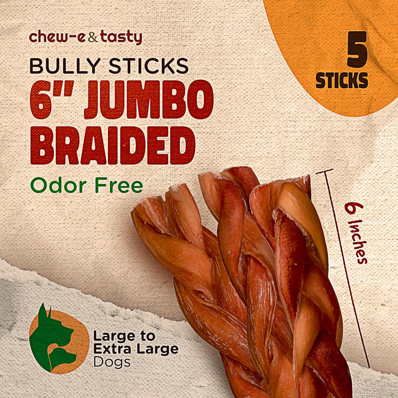 chew-e&tasty 6" Jumbo Braided Bully Sticks for Dogs (Pack of 5) - Long Lasting Beef Chews - Made of Digestible High Protein & Low Fat Dental Care Dog Bully Sticks for Medium to Large Breeds 6" Jumbo Braided - Pack of 5 - PawsPlanet Australia