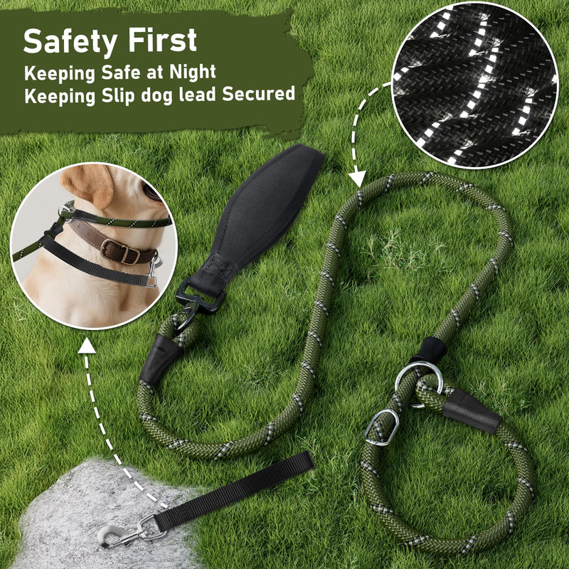 Slip Lead for Dogs, No Pull Training Leash with Double Comfortable Handles and Collar Attachment, Highly Reflective Strong Puppy Rope Leads for Medium Large Dog, Armygreen 13mm*1.8m