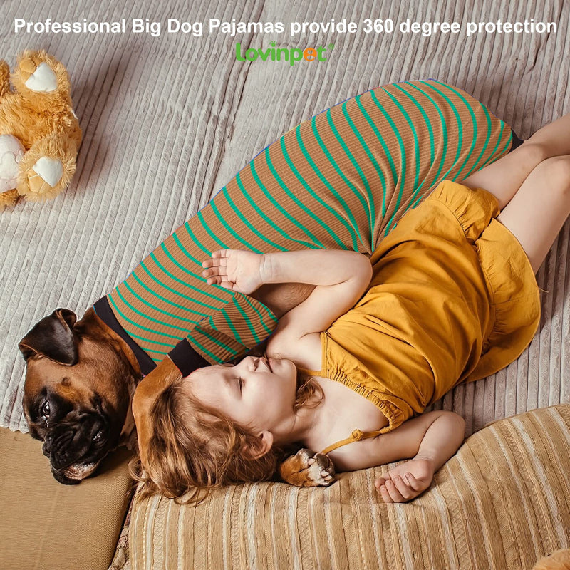 LovinPet Big Dog Pajamas, Cotton Brown and Green Stripe Dog Shirt, Stop Shedding for Dogs, Pet Pajamas for Dogs, UV Protection, Pitbull Clothes, Pet PJ's, M Medium Green Brown - PawsPlanet Australia