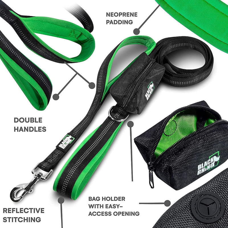 Black Rhino Dog Leash - Heavy Duty - Medium & Large Dogs | 6ft Long Leashes | Two Traffic Padded Comfort Handles for Safety Control Training - Double Handle Reflective Lead (Green) Green