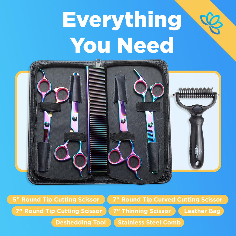 Equinox Dog Grooming Scissors & Deshedder - 7 in 1 Pet Grooming Scissors Set with undercoat brush - Curved Dog Scissors with safety tips - Includes Thinning & Rounded Shears - For dogs & cats Rainbow- Pet Grooming - PawsPlanet Australia