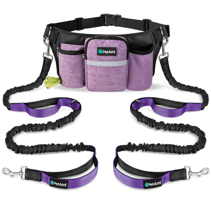 PetAmi Premium Hands Free Dog Leash for 2 Dogs, Adjustable Waist Belt Leash for Dog Walking, Fanny Pack Accessories Bag Dual Bungee Leash for Running, Hiking, Jogging, Biking, Purple 2 Leashes - PawsPlanet Australia