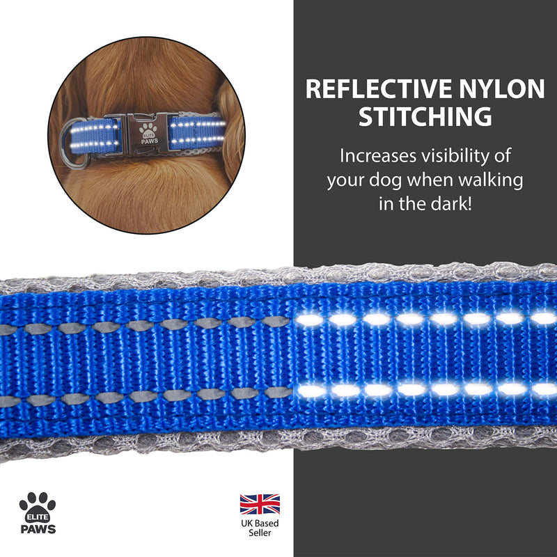 Elite Paws® UK: Premium Metal Buckle Dog Collar, Strong, Safe, Padded, Comfortable, Reflective, Adjustable, Secure Fit with Metal Lead Attachment, Puppy Walking/Training Product (50cm-55cm, Blue/Grey) Neck: 50cm-55cm